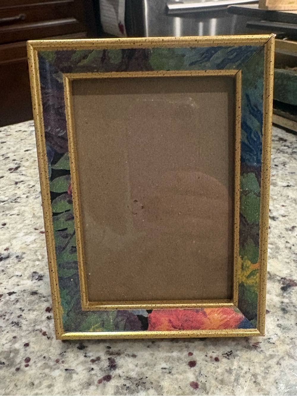 Gold picture frame with fun print trim GUC 5 x 7